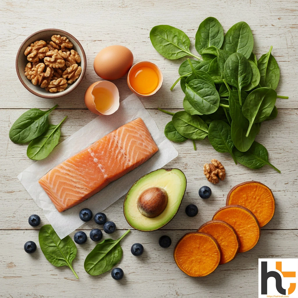 Hair growth tips — nutrient-rich foods including salmon, eggs, spinach, avocado, and walnuts arranged on a table