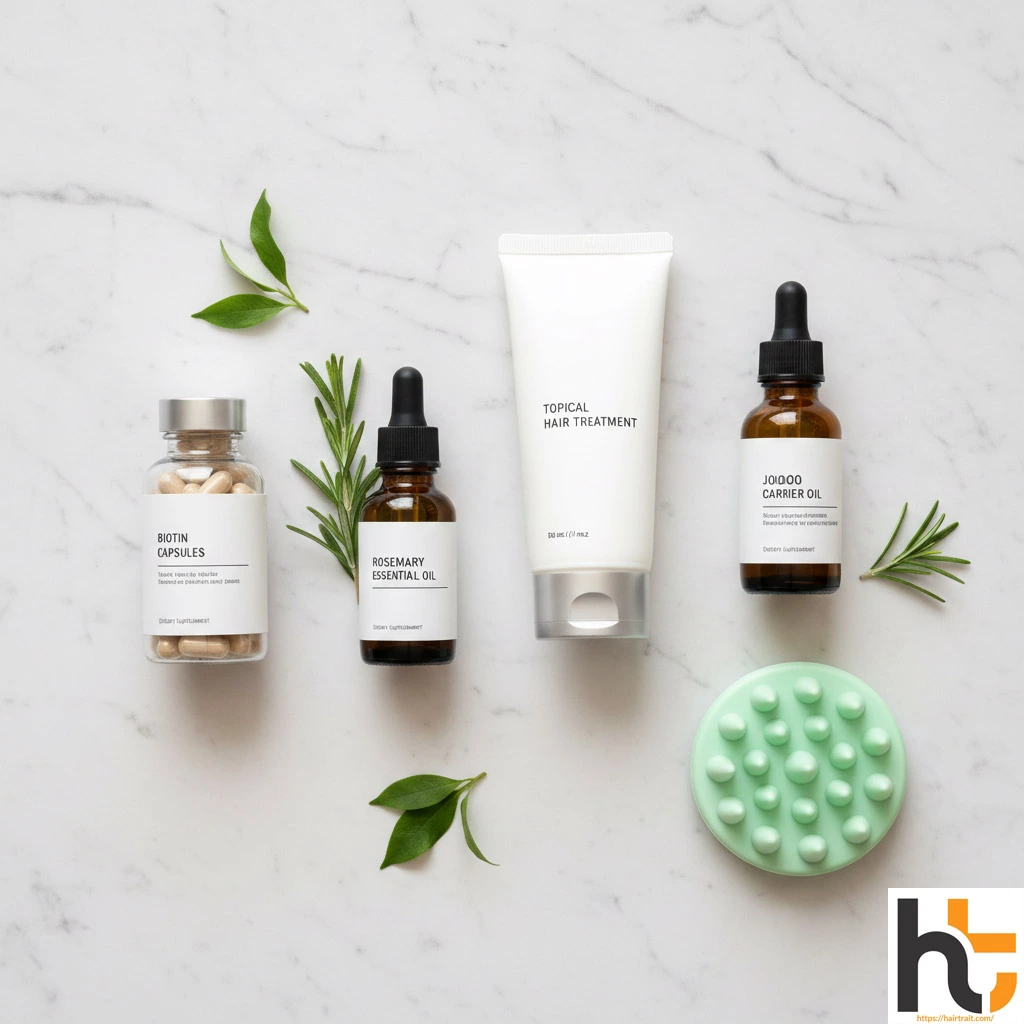 Hair growth tips — evidence-based hair growth products including minoxidil, rosemary oil, and biotin supplements