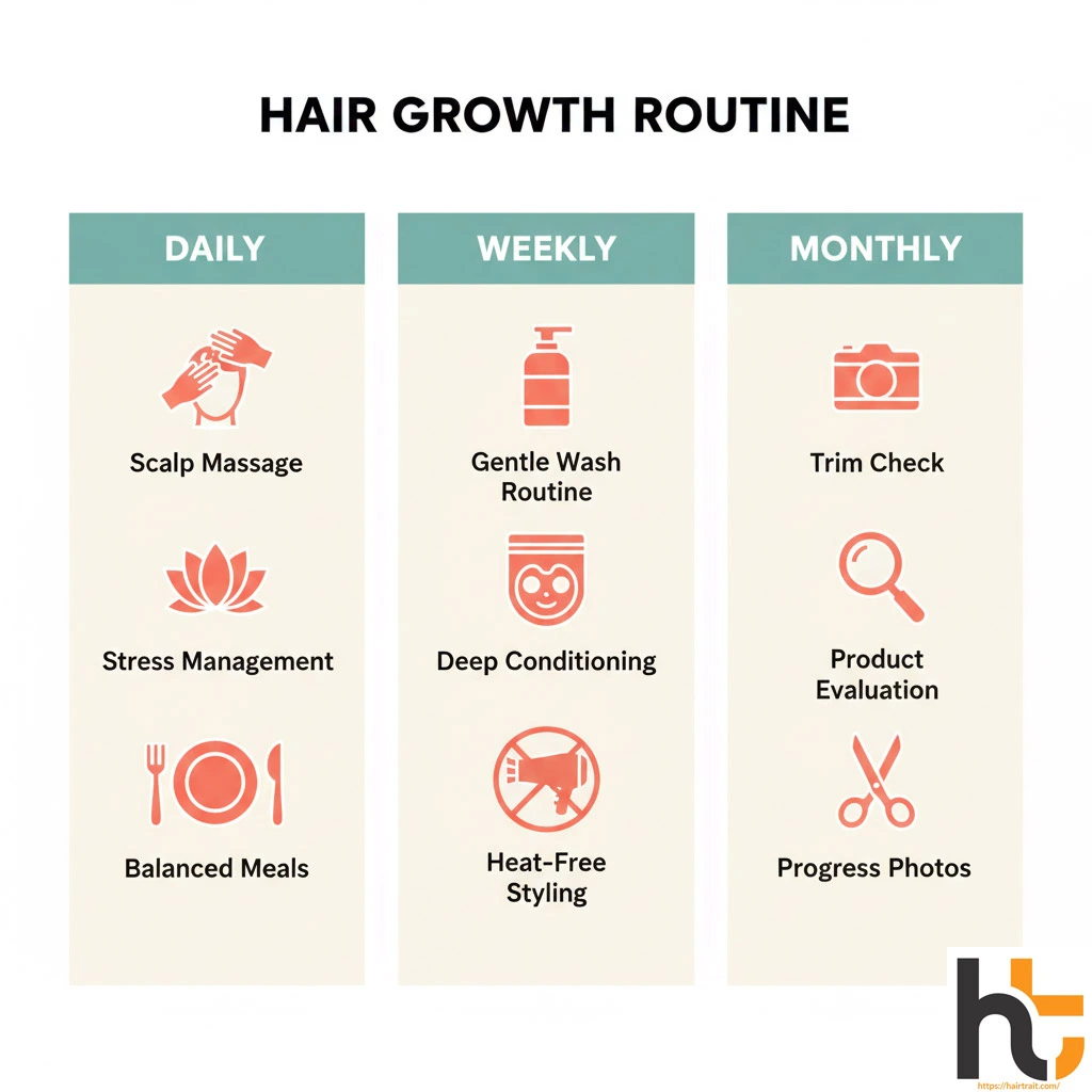 Hair growth tips summary — infographic showing daily, weekly, and monthly hair care routine steps