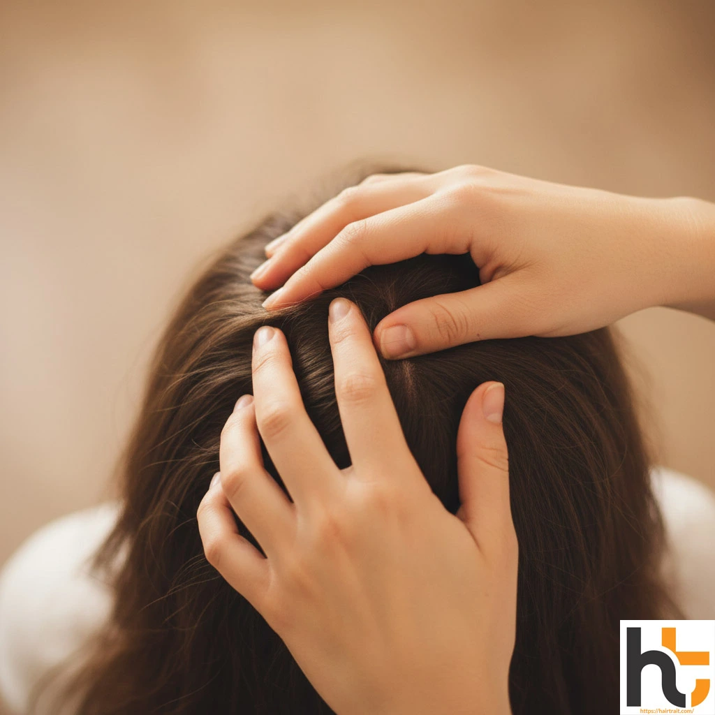 Hair growth tips — woman performing a scalp massage with fingertips using circular motions