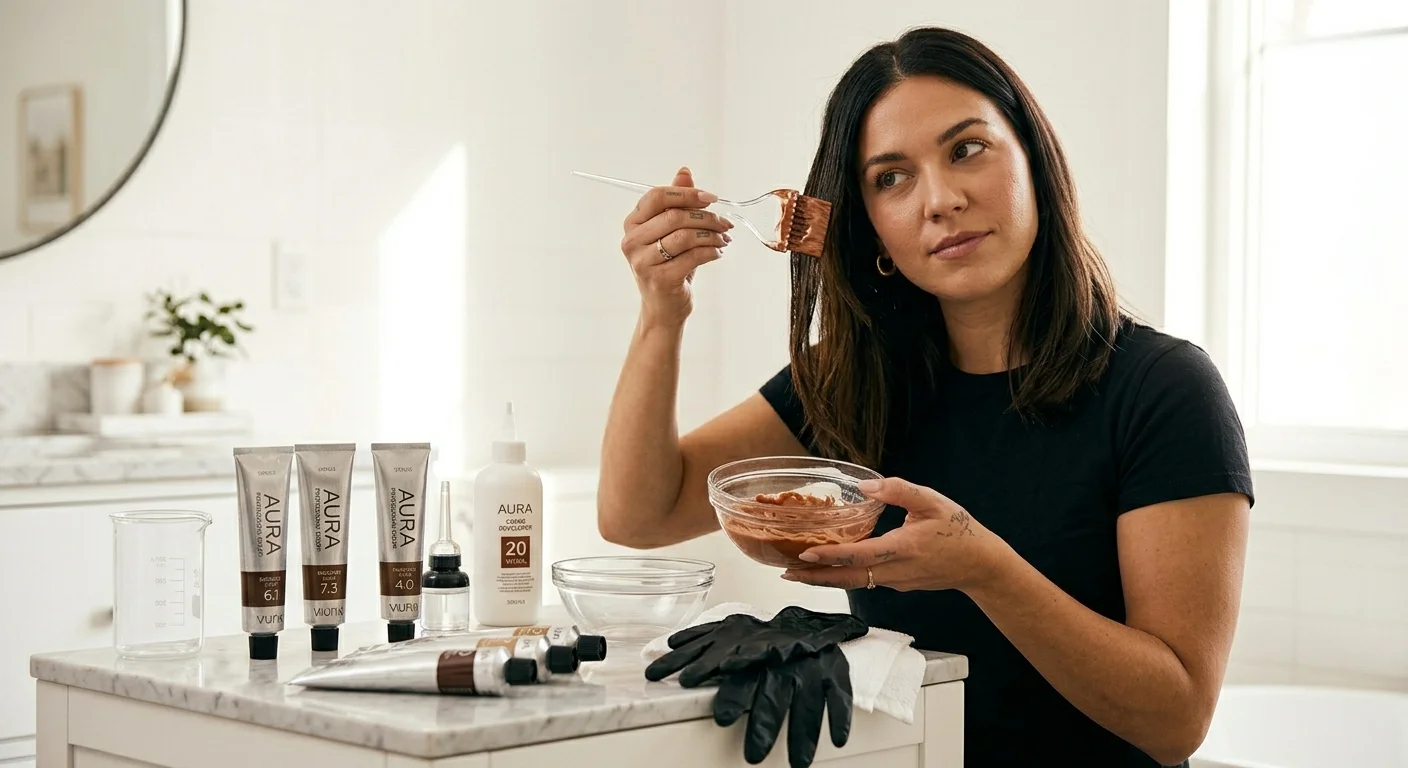 professional hair color vs box dye — woman applying professional grade hair color at home using a salon brush