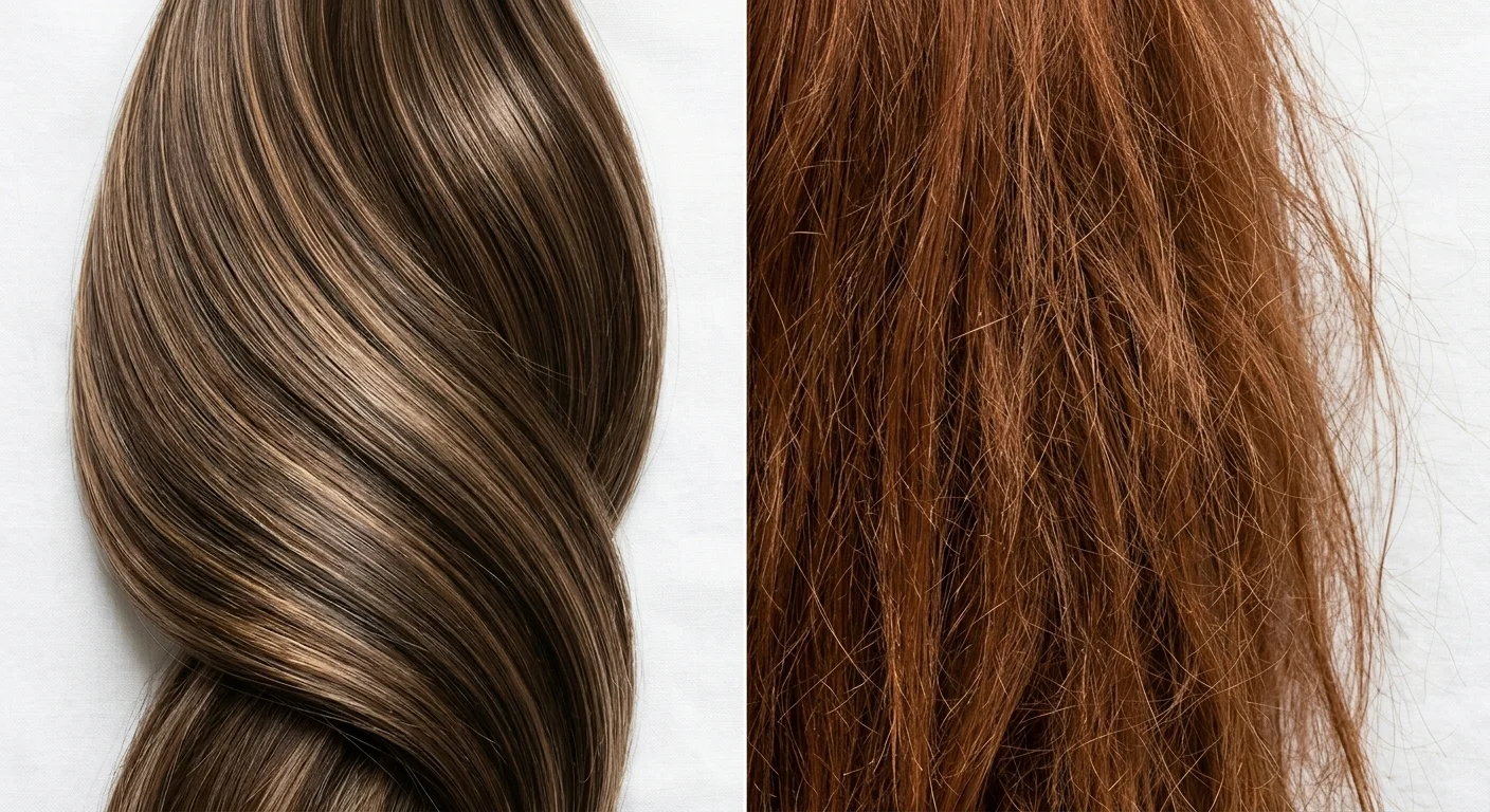 professional hair color vs box dye — close up of healthy salon-colored hair beside dry damaged box dye hair