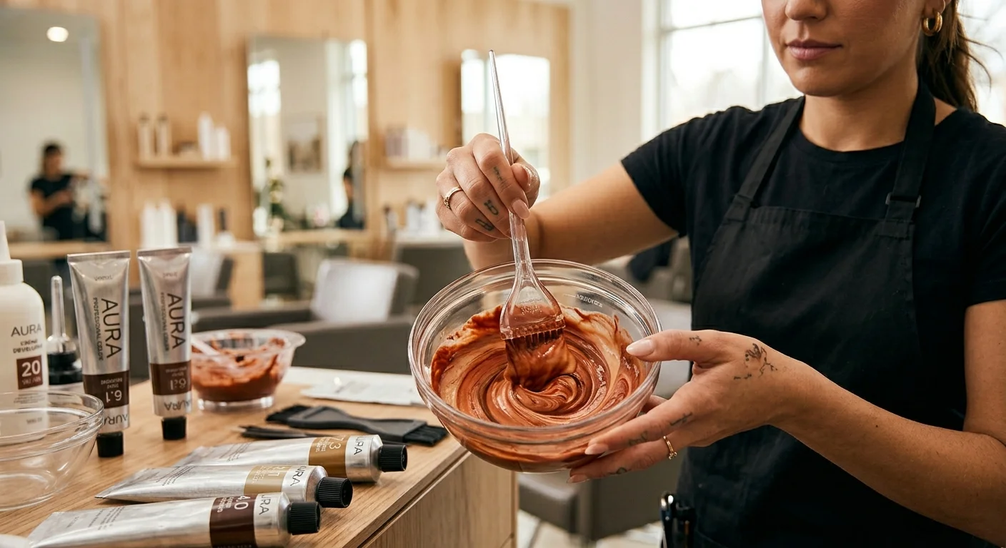 professional hair color vs box dye — colorist mixing custom professional hair color formula in a salon bowl