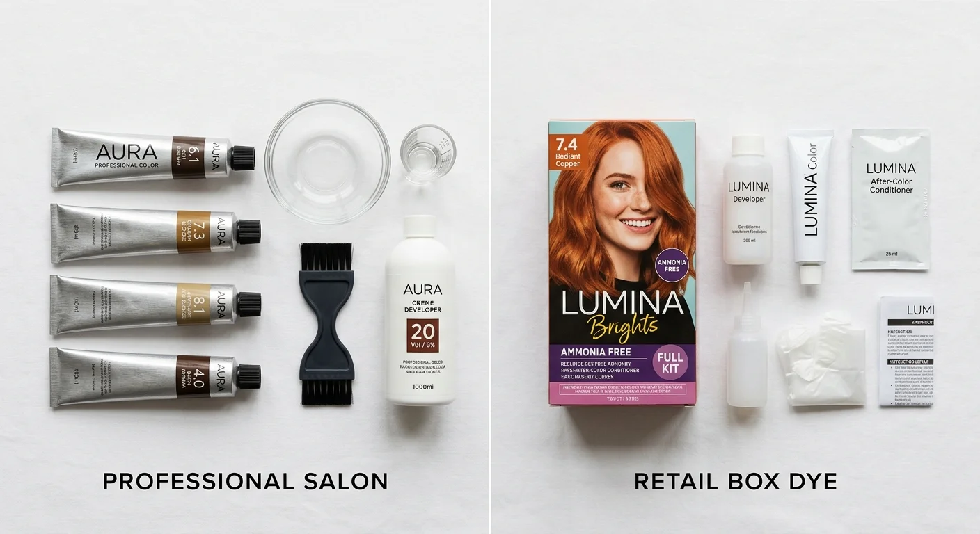 professional hair color vs box dye chemical ingredients comparison showing ammonia and PPD levels