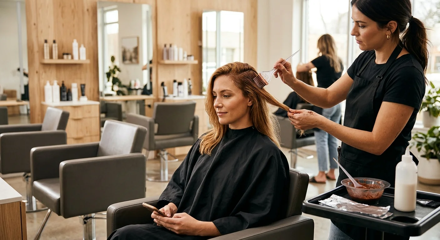 professional hair color vs box dye — woman at salon chair getting custom color applied