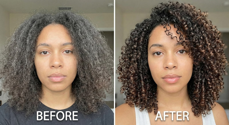 Before and after low porosity hair routine showing moisturized results