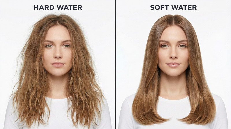 Comparison of hard water hair damage versus soft water healthy hair