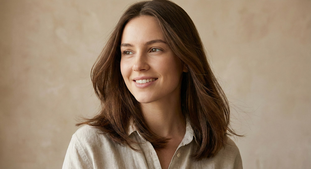 Woman with healthy shiny hair showing results of proper hair washing routine