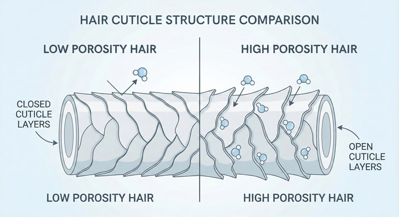 Low porosity hair cuticle structure versus high porosity diagram