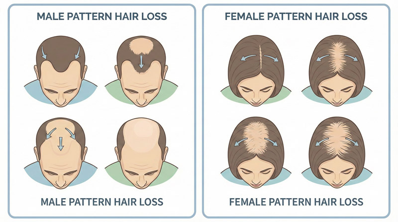 Male and female pattern hair loss patterns diagram