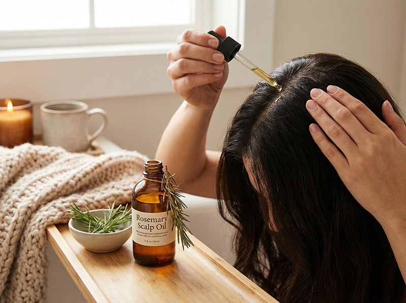 Applying rosemary oil scalp treatment for hair regrowth