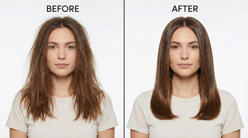 Before and after fixing hard water hair damage with shower filter