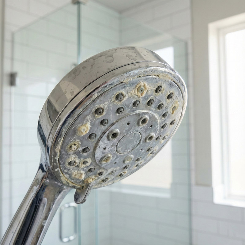 Showerhead with white mineral buildup from hard water
