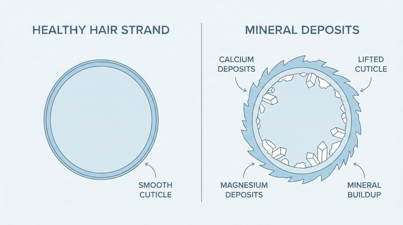 Diagram showing mineral buildup on hair shaft from hard water