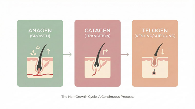 Hair growth cycle showing anagen, catagen, and telogen phases