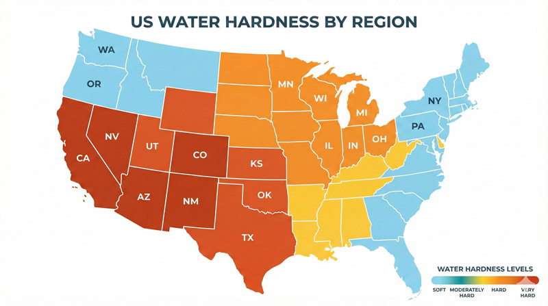 Map of water hardness levels across the United States