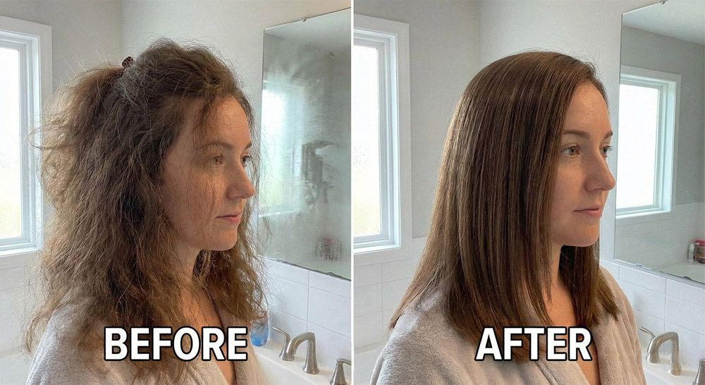 Before and after comparison of frizzy hair transformation showing effective frizz control results