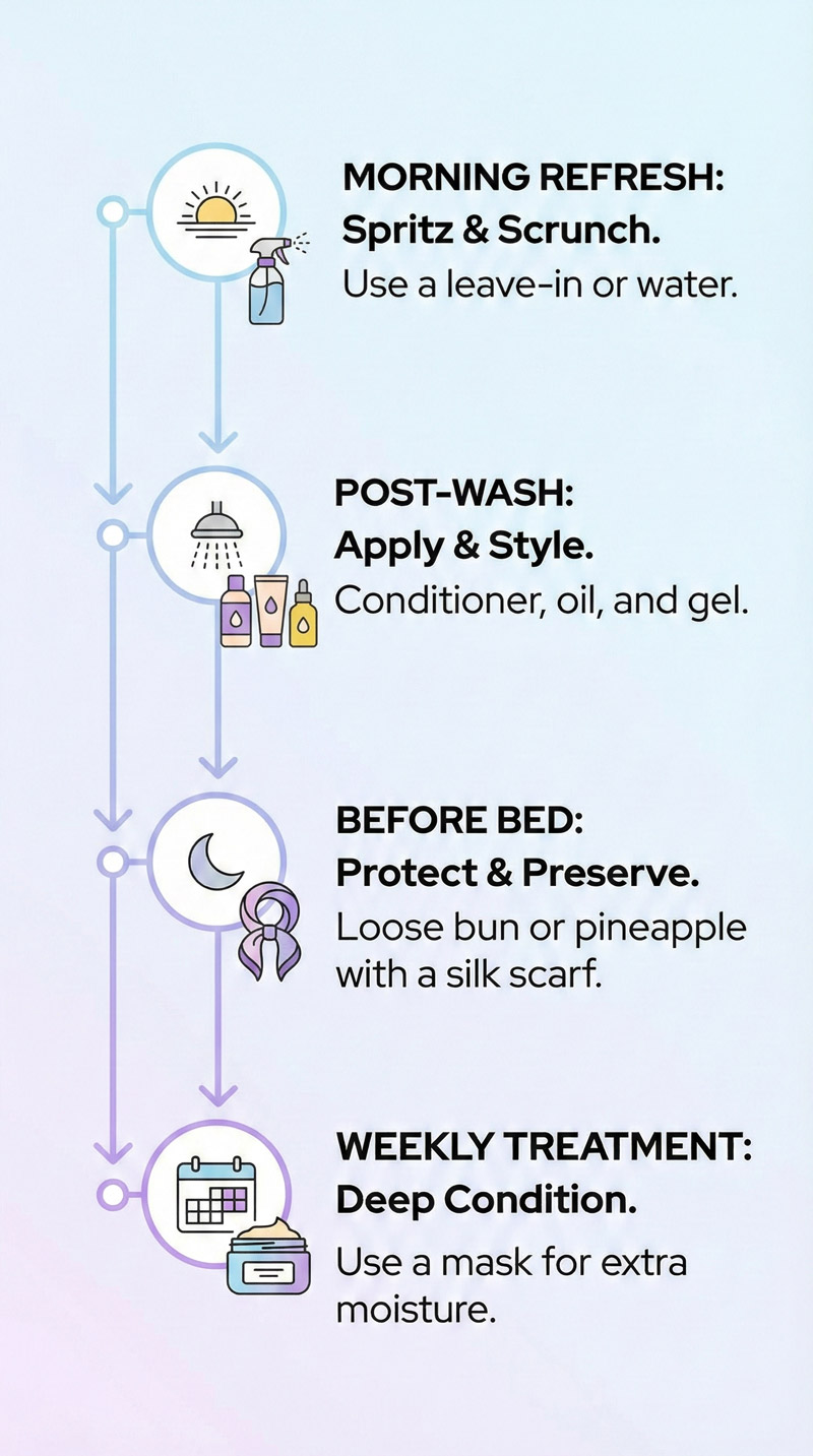 Daily and weekly hair care routine timeline for managing frizzy hair
