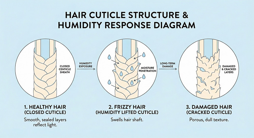 Why Is My Hair So Frizzy Diagram explaining hair cuticle structure and how it causes frizz in different conditions