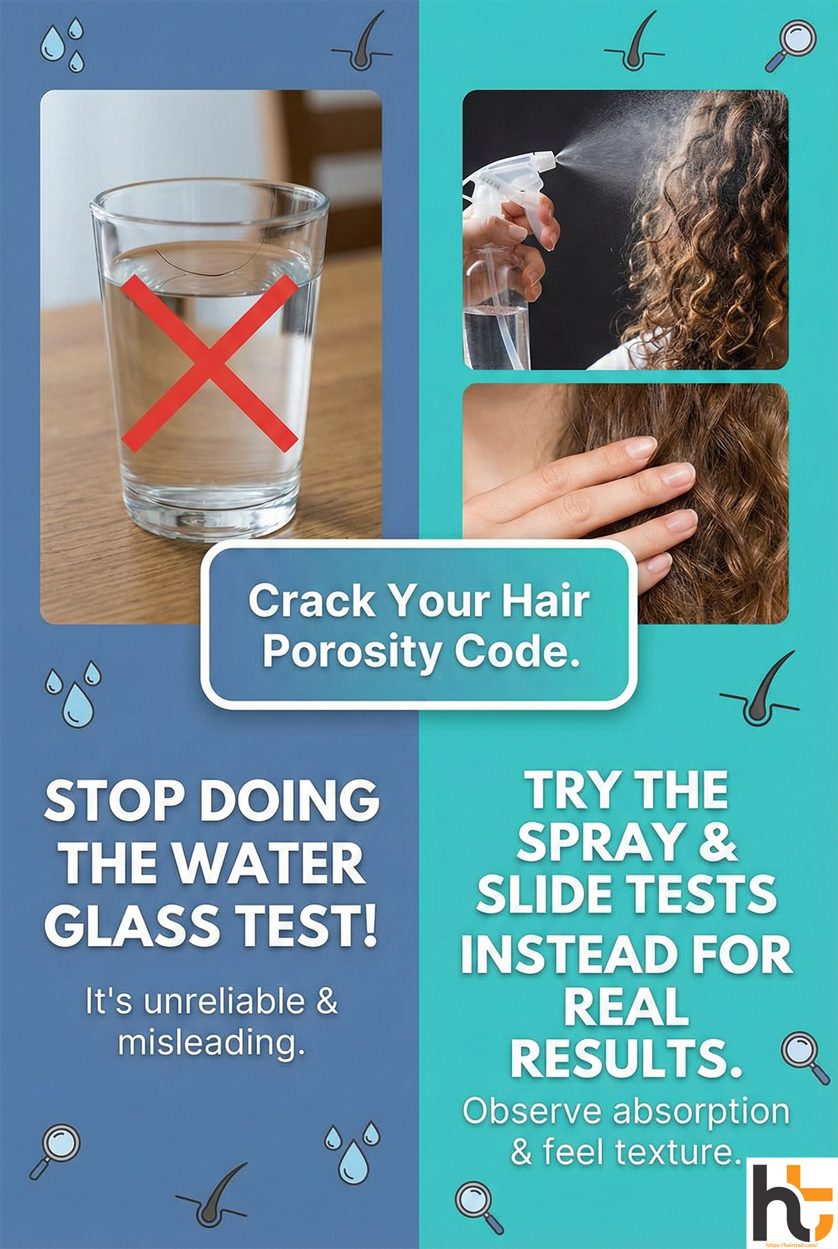 Infographic guide on how to test hair porosity using the spray and slide methods instead of the water glass test