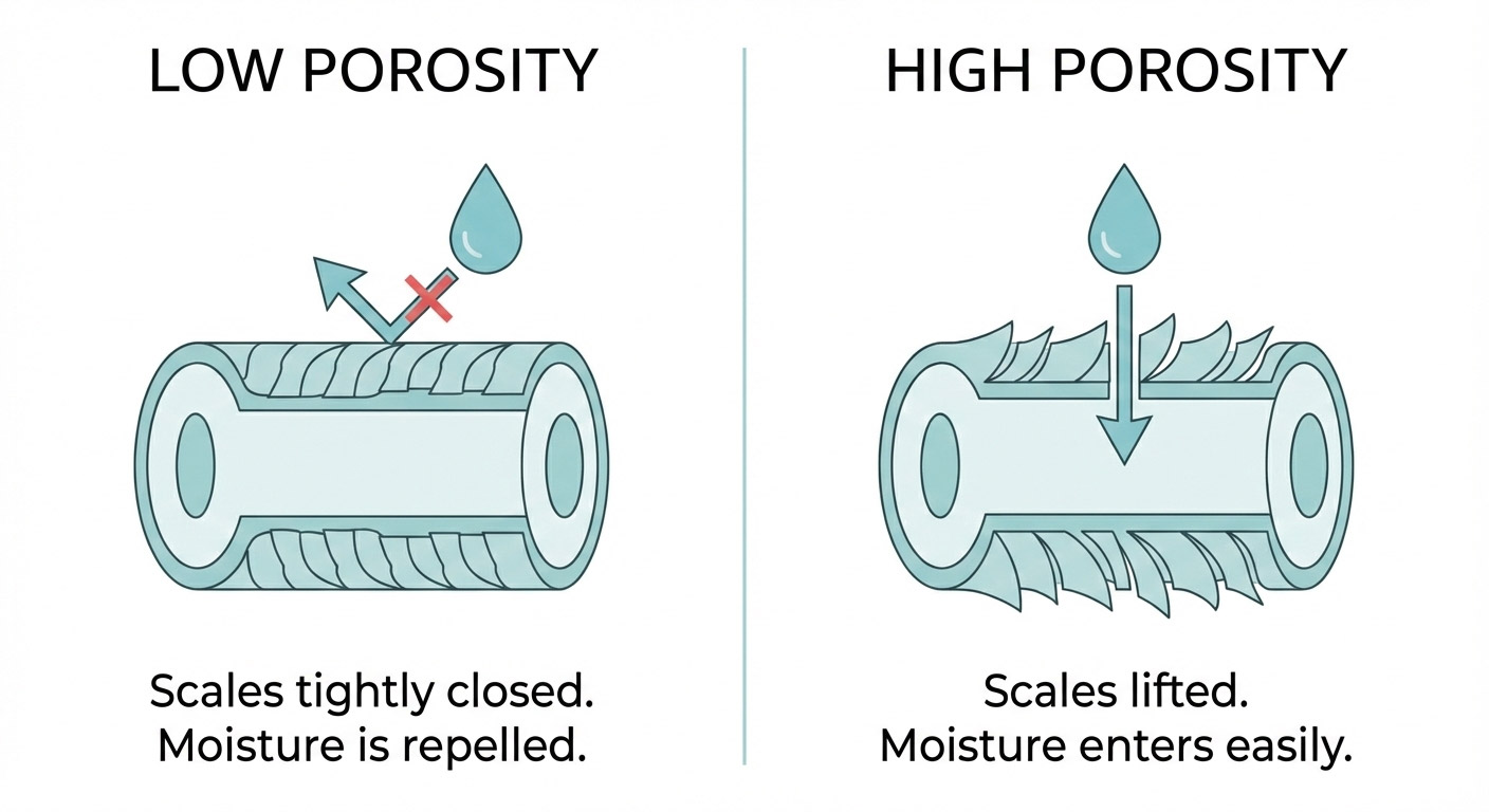 Low porosity vs high porosity hair cuticle structure diagram showing sealed vs open cuticles