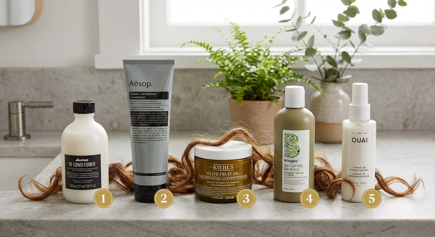 Top 5 best deep conditioners for low porosity hair lined up on a bathroom shelf