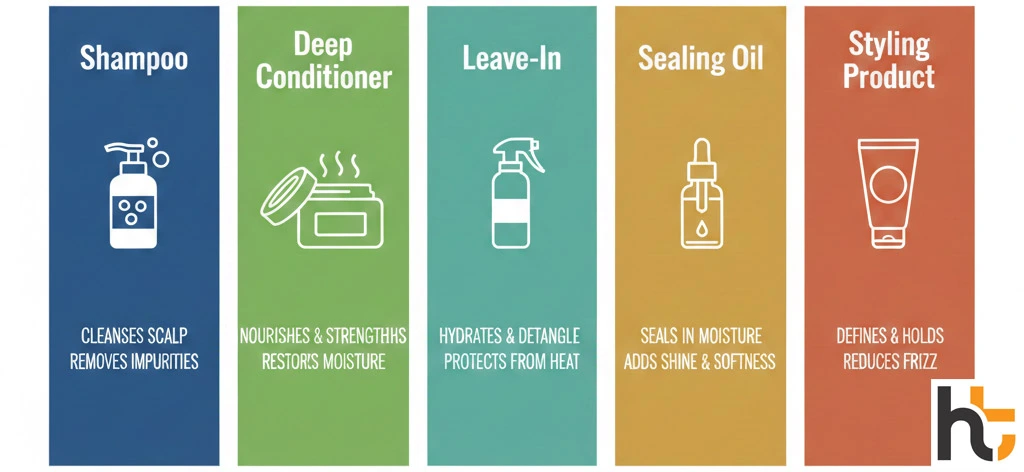 Best hair products five essential categories chart — shampoo deep conditioner leave-in oil and styling