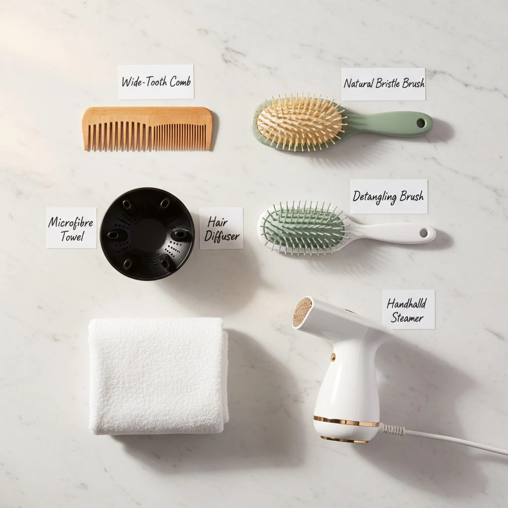 Best hair tools for every hair type — flat lay of wide-tooth comb brush diffuser and steamer on white surface