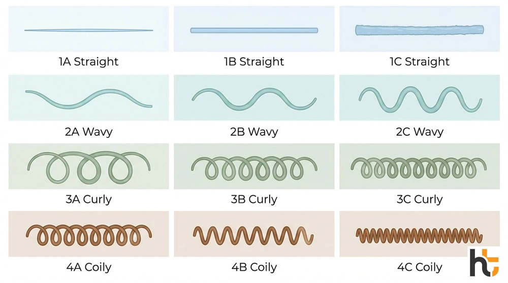 Complete hair type guide curl pattern chart showing Type 1 straight through Type 4 coily with subcategories A B C