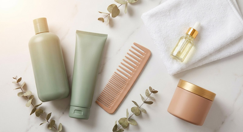 Hair care basics guide — flat lay of essential hair products on a clean white surface