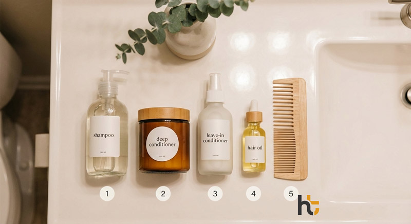 Hair care basics — five essential products every hair type needs lined up on bathroom shelf