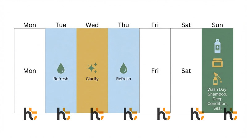 Hair care basics weekly routine schedule — infographic showing wash day and refresh days