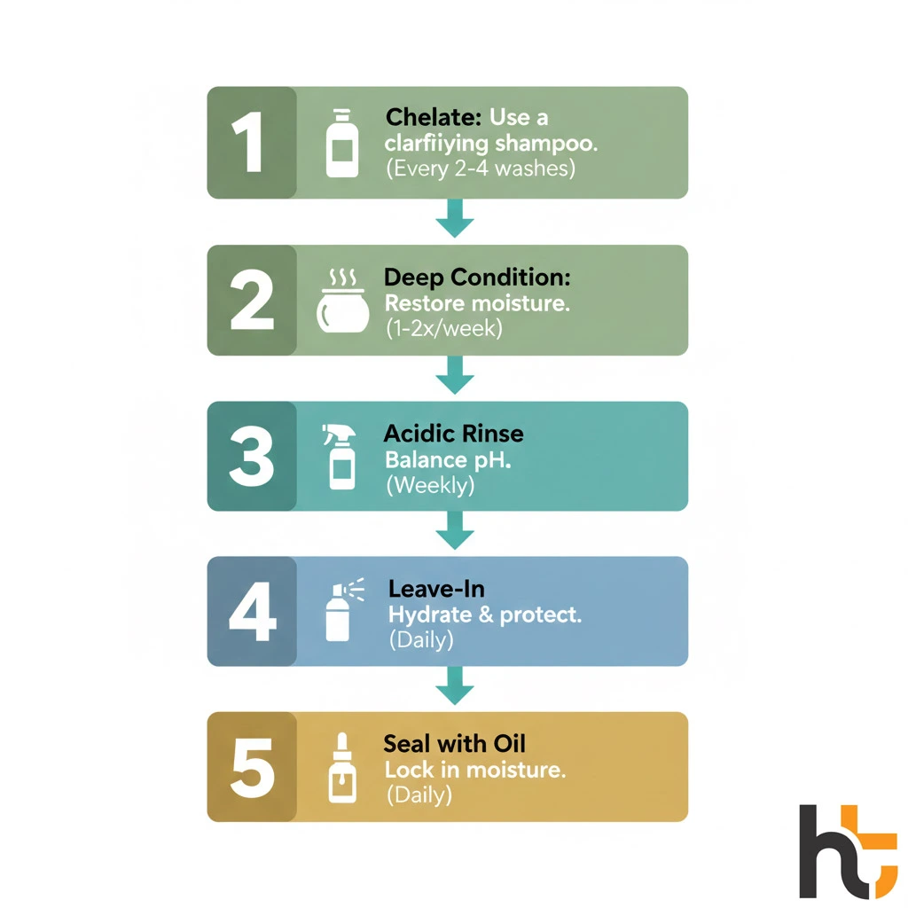 Hard water hair care routine 5 step process infographic from chelating to sealing