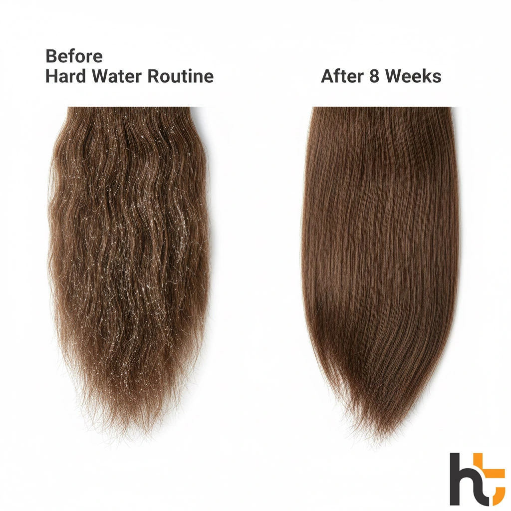 Hard water hair care routine before and after results showing mineral buildup removal and moisture restoration