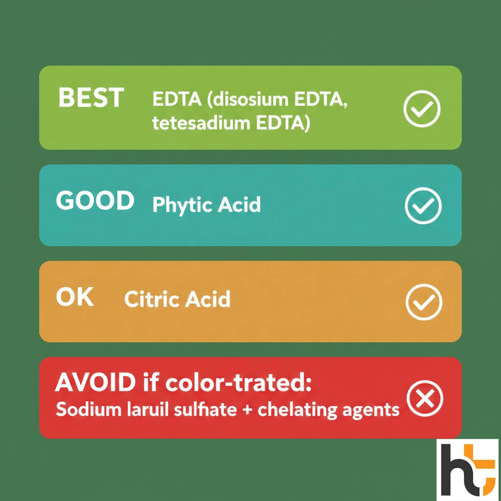 Hard water hair care routine chelating shampoo ingredient label guide showing EDTA phytic acid citric acid