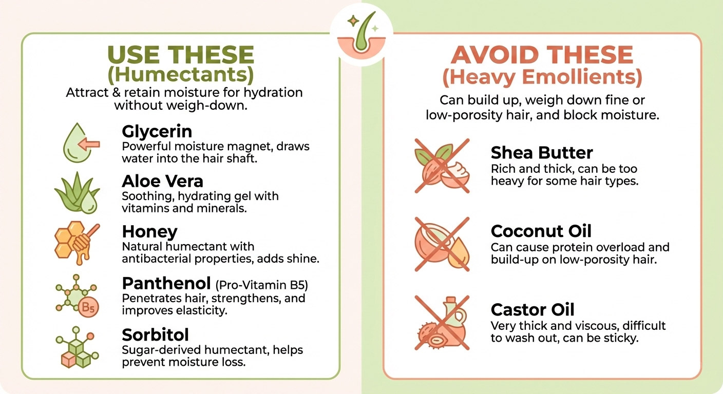 Humectants vs emollients for low porosity hair — comparison chart showing best and worst ingredients