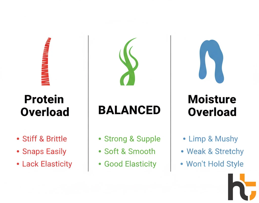 Protein vs moisture balance comparison showing protein overload moisture overload and balanced hair characteristics