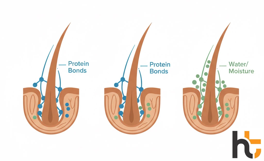 Protein vs moisture balance guide showing balanced hair strand diagram with protein structure and water molecules
