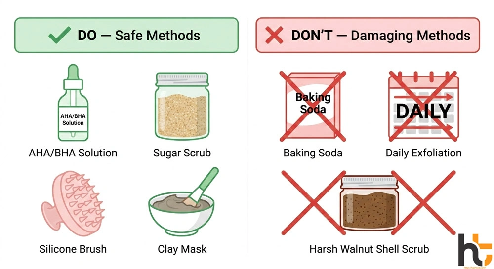 Scalp exfoliation do and don't comparison showing safe methods vs damaging methods side by side