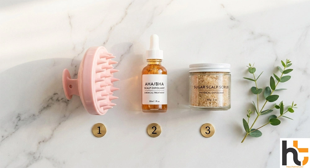 Scalp exfoliation guide showing scalp brush chemical exfoliant and physical scrub on clean white surface