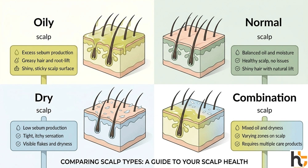 Scalp exfoliation scalp type identification chart showing oily normal dry and combination scalp characteristics