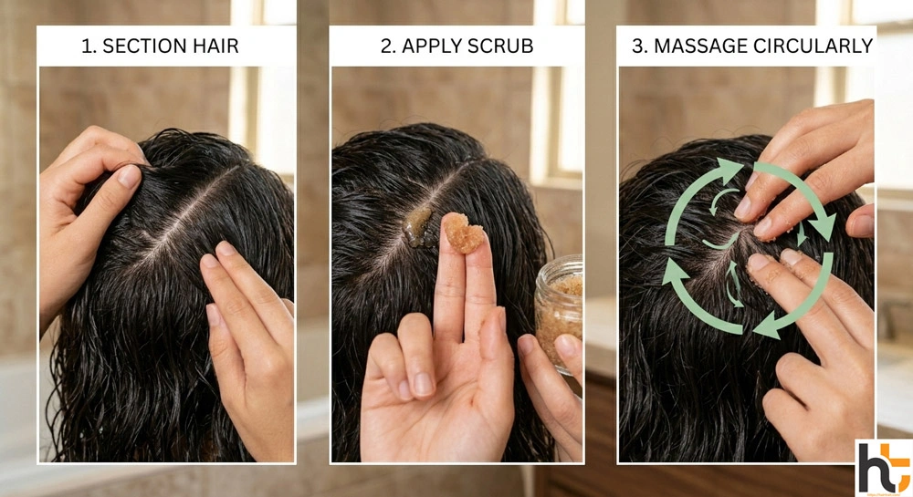 Scalp exfoliation correct scrub massage technique showing gentle circular motions on scalp