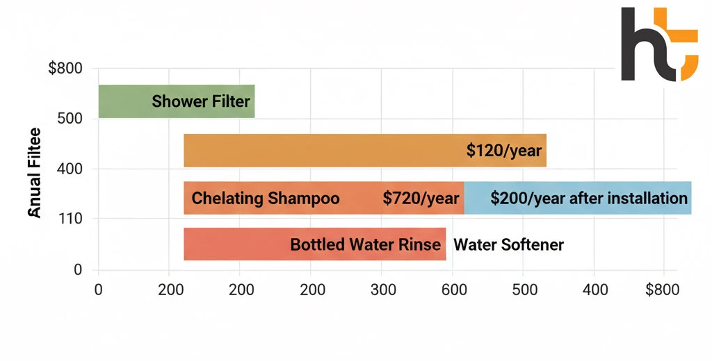 Shower filters hard water hair cost comparison — filter vs softener vs chelating shampoo annual costs