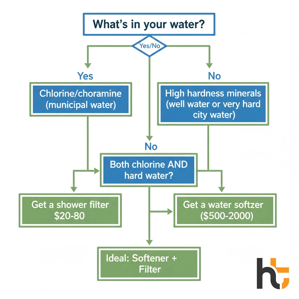 Shower filters hard water hair decision flowchart — should you buy a filter or softener or both
