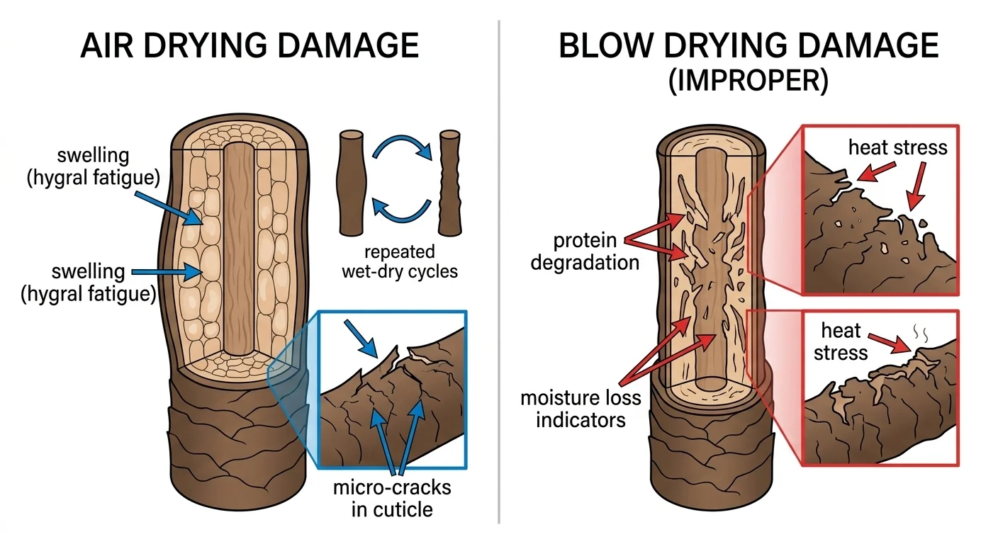 Air drying vs blow drying hair damage comparison showing hygral fatigue versus heat damage mechanisms
