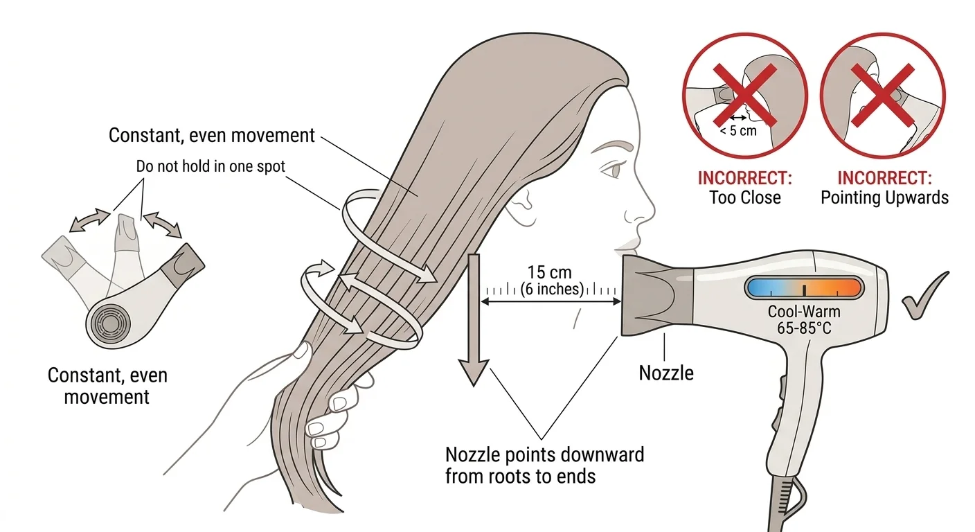 Air drying vs blow drying proper blow dry technique showing correct distance angle and motion