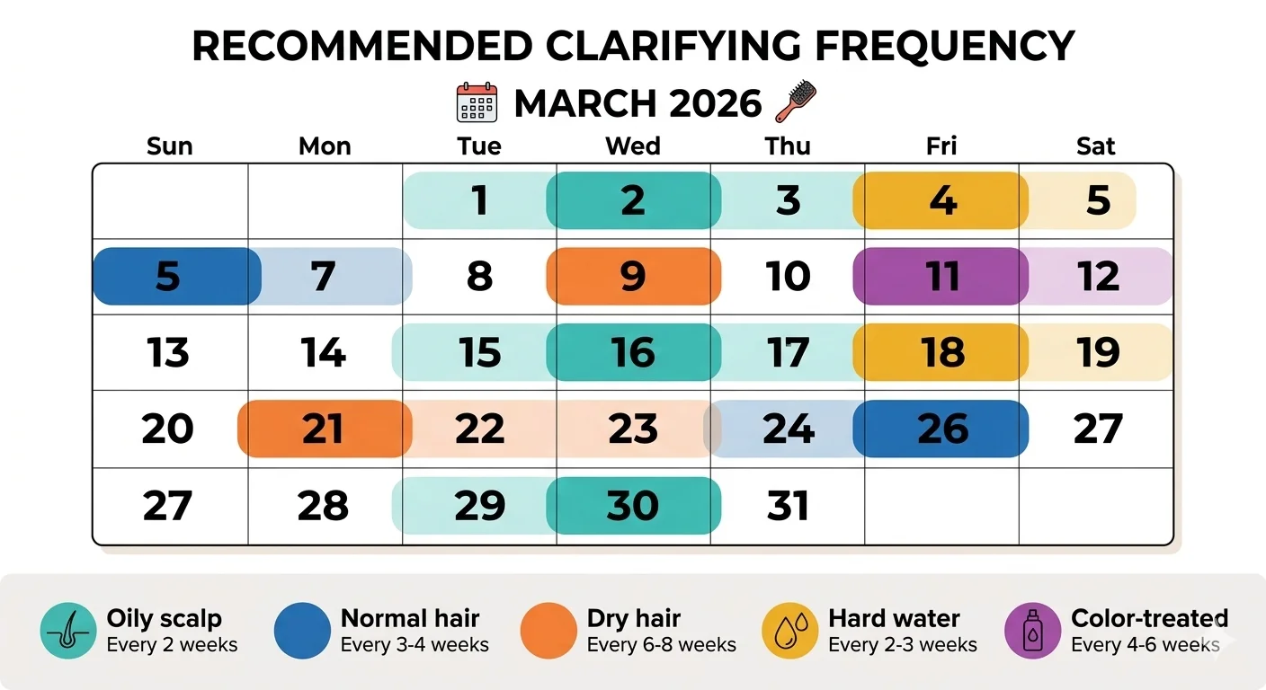 Clarifying shampoo frequency guide showing how often to use by hair type and water hardness