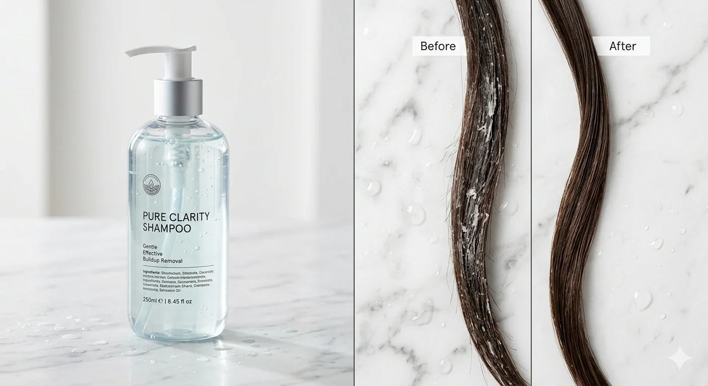 Clarifying shampoo guide showing clear formula bottle with comparison of buildup removal before and after