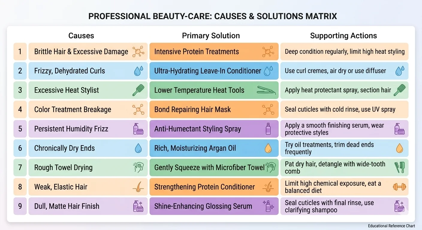  Frizzy hair solutions fix matrix showing treatments for each of 9 causes