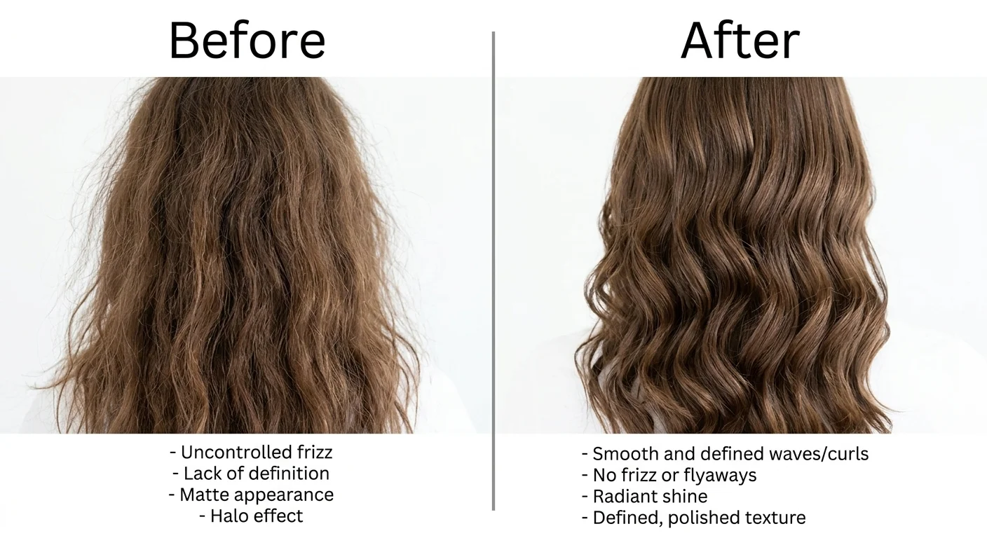 Frizzy hair solutions before and after showing frizzy damaged hair versus smooth defined hair